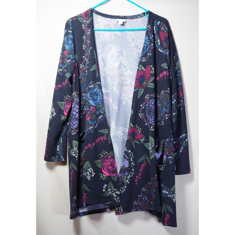 LuLaRoe Shirley Kimono Cardigan Large Black Floral Paisley Open Front Pocket